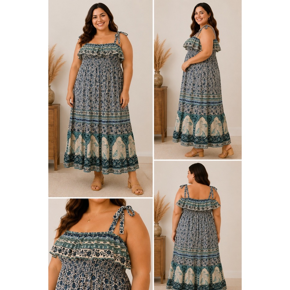 Dex Plus Taj Mahal Blue Floral Smocked Maxi Dress Tie Strap 1X 2072514 DP